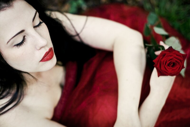 Woman Holding Red Rose — Dramatic, Photograph, Red Dress