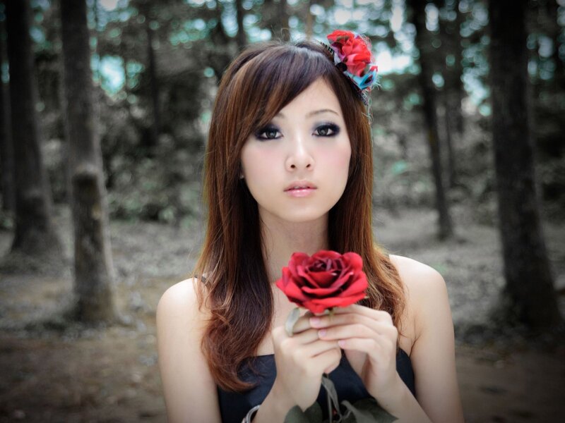 woman holding red rose in forest