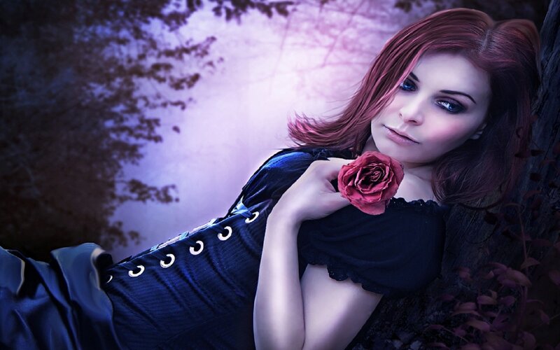 Woman Holding Red Rose — Purple