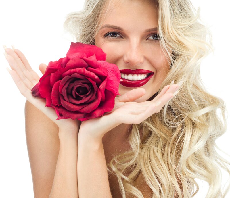Woman Holding Red Rose — White, Happy