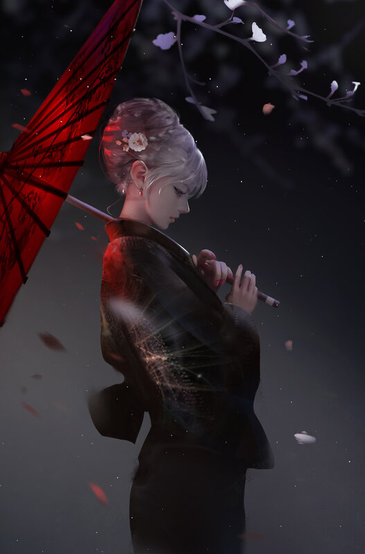 Woman Holding Red Umbrella — Black