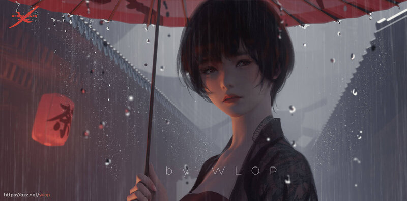 Woman Holding Red Umbrella — Dramatic, Night