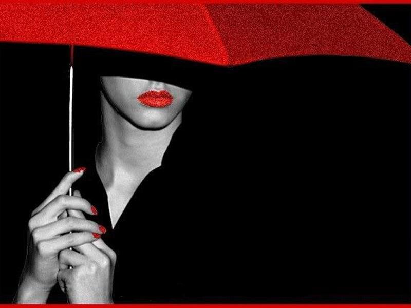 Woman Holding Red Umbrella — Dramatic, Photograph, Lips