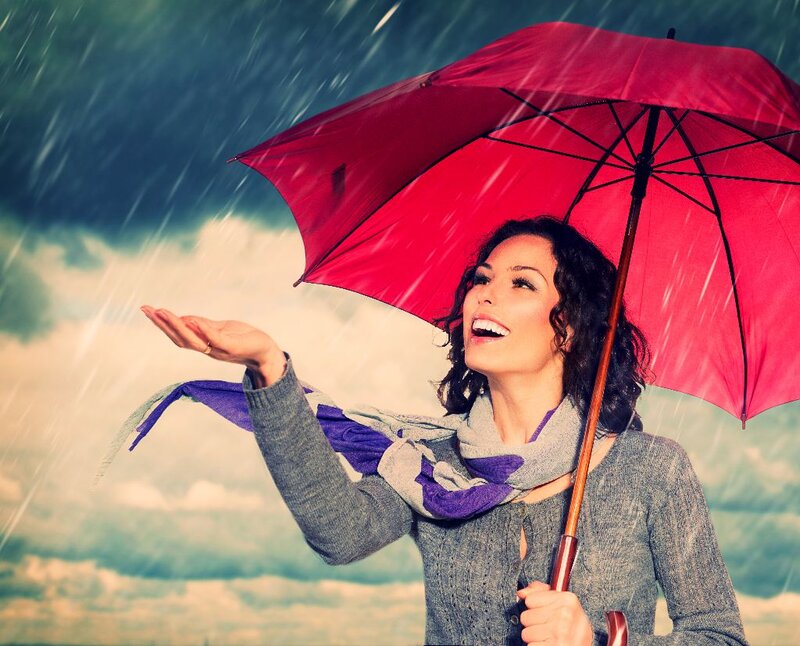 Woman Holding Red Umbrella — Dramatic, Photograph