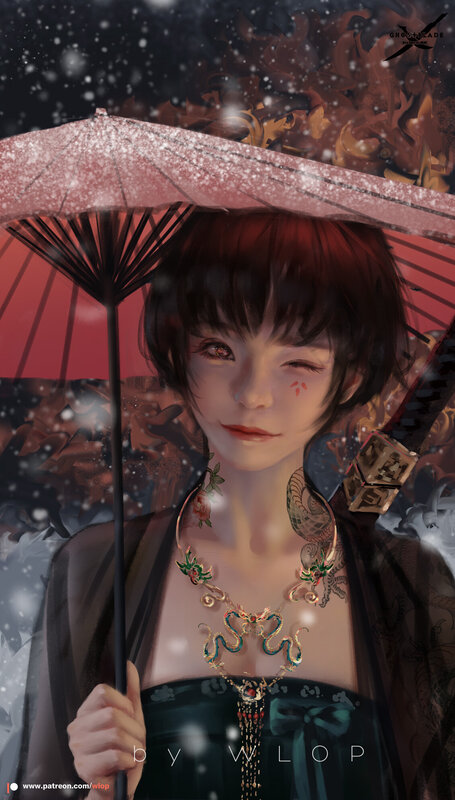 Woman Holding Red Umbrella — Dramatic, Winter
