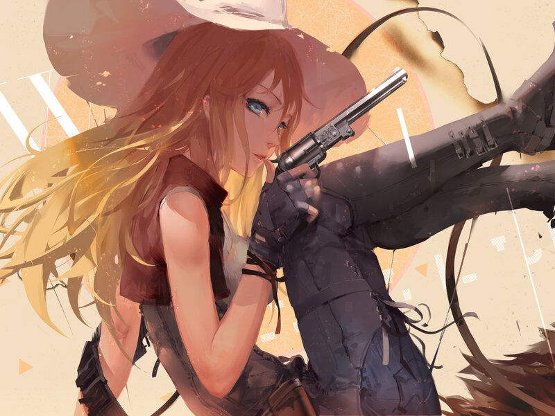 Woman Holding Revolver — Brown, Dramatic, Digital Art, Hat