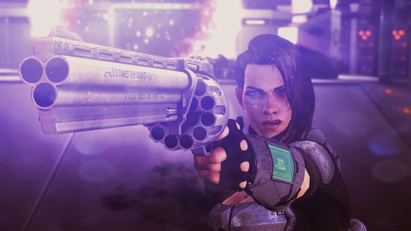Woman Holding Revolver — Purple