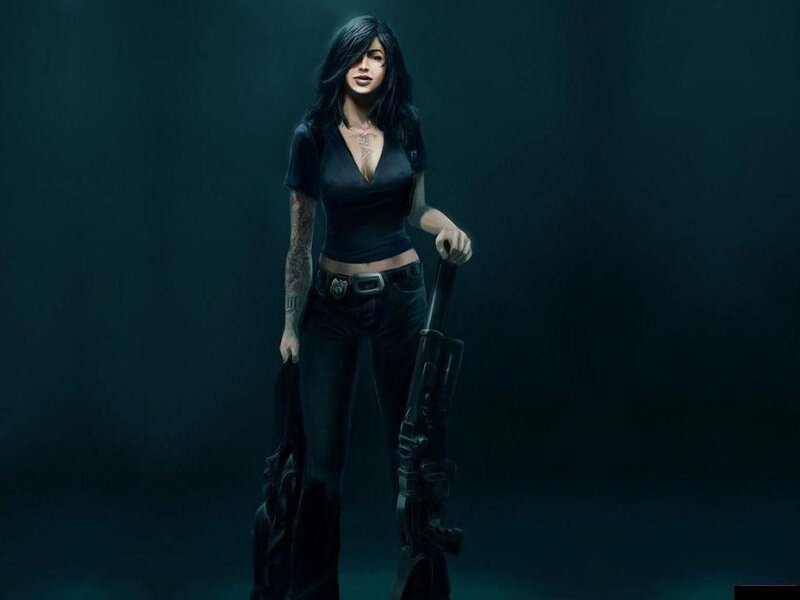 Woman Holding Rifle — Black, Dramatic, Night