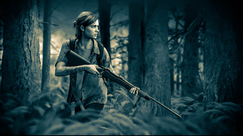 Woman Holding Rifle — Blue, Tense