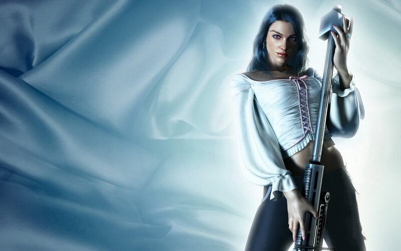 Woman Holding Rifle — Blue