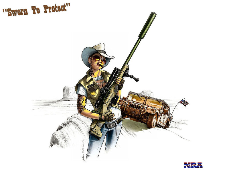 Woman Holding Rifle — Brown, Dramatic, Illustration