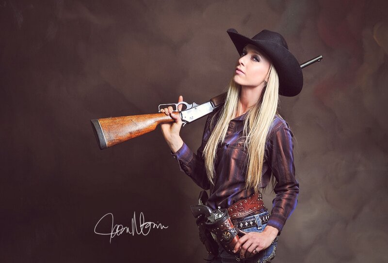 Woman Holding Rifle — Brown, Dramatic, Photograph, Cowboy Hat