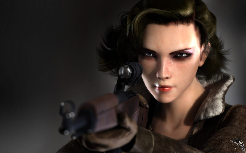 Woman Holding Rifle — Brown, Intense