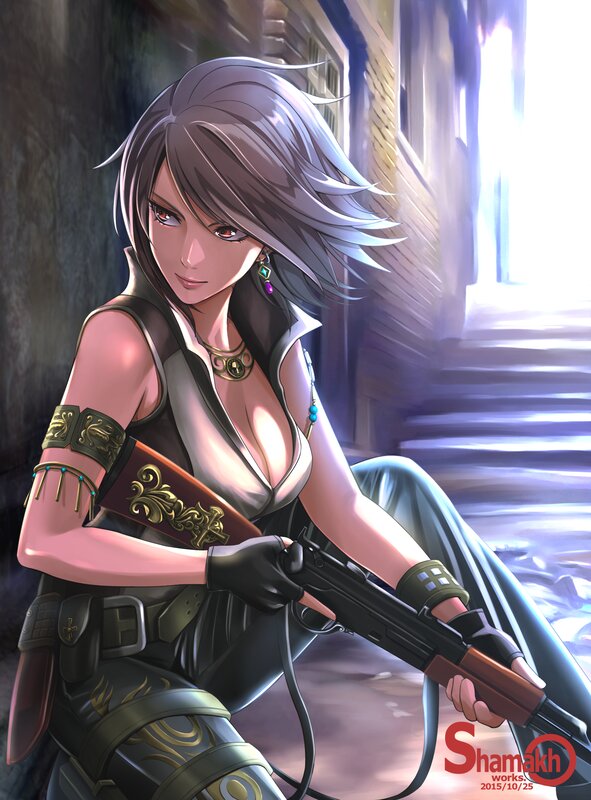 Woman Holding Rifle — Gray, Dramatic, Anime, Earring