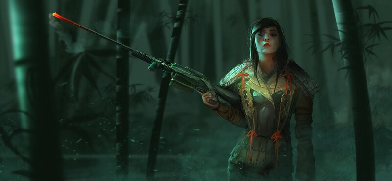 Woman Holding Rifle — Green, Dramatic, Night, Digital Art
