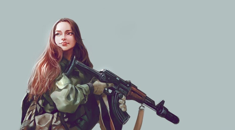 Woman Holding Rifle — Green, Serious, Digital Art