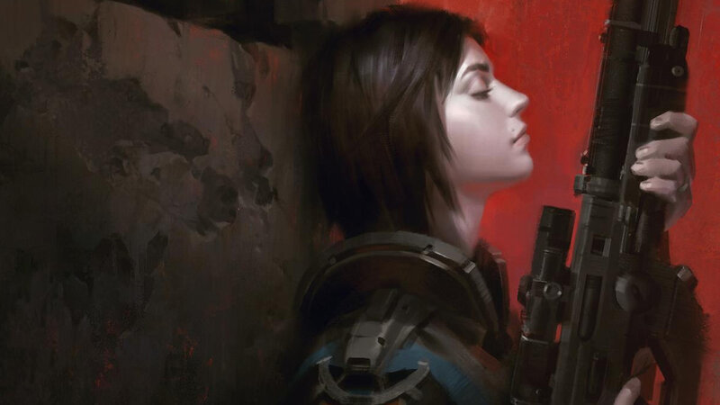 Woman Holding Rifle — Red, Dramatic, Digital Art, Wall