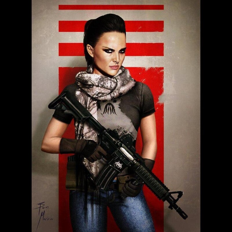 Woman Holding Rifle — Red