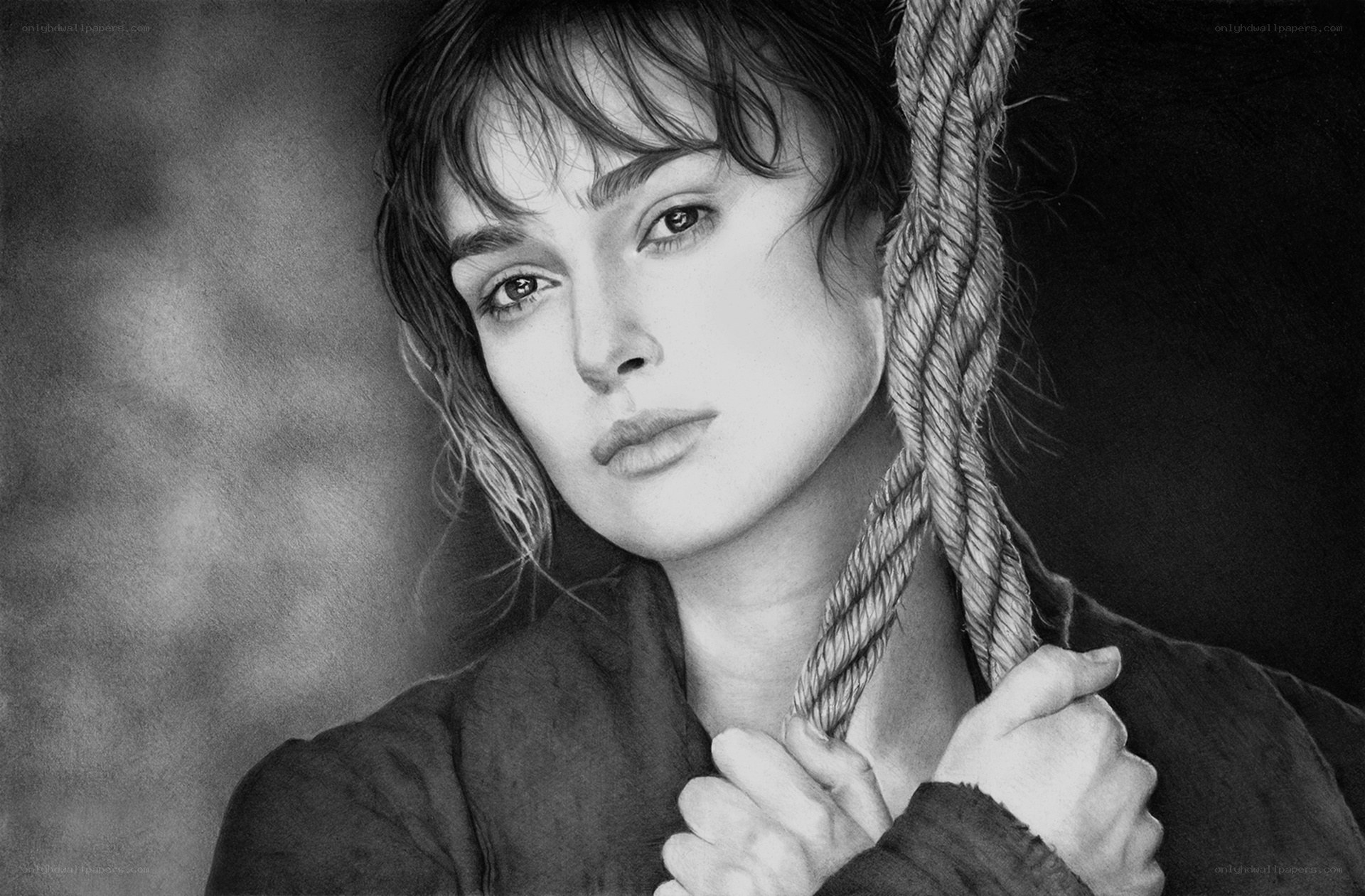 woman holding rope, black and white portrait