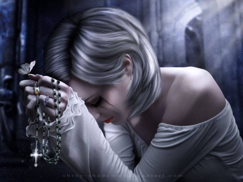 Woman Holding Rosary — Gray