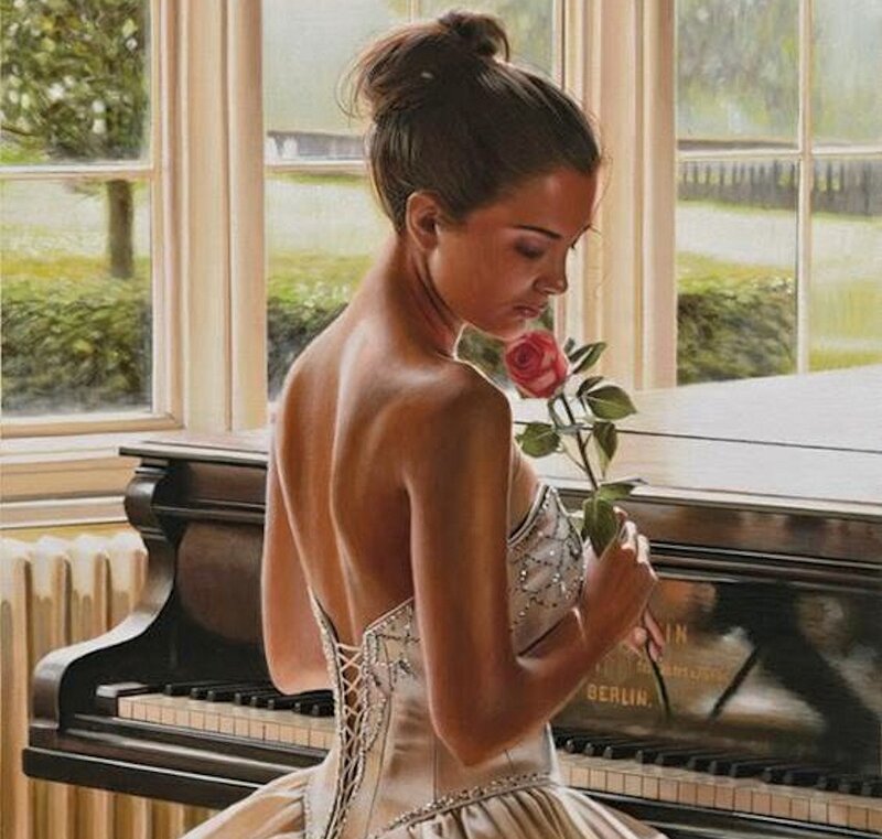 Woman Holding Rose — Beige, Serene, Afternoon, Painting