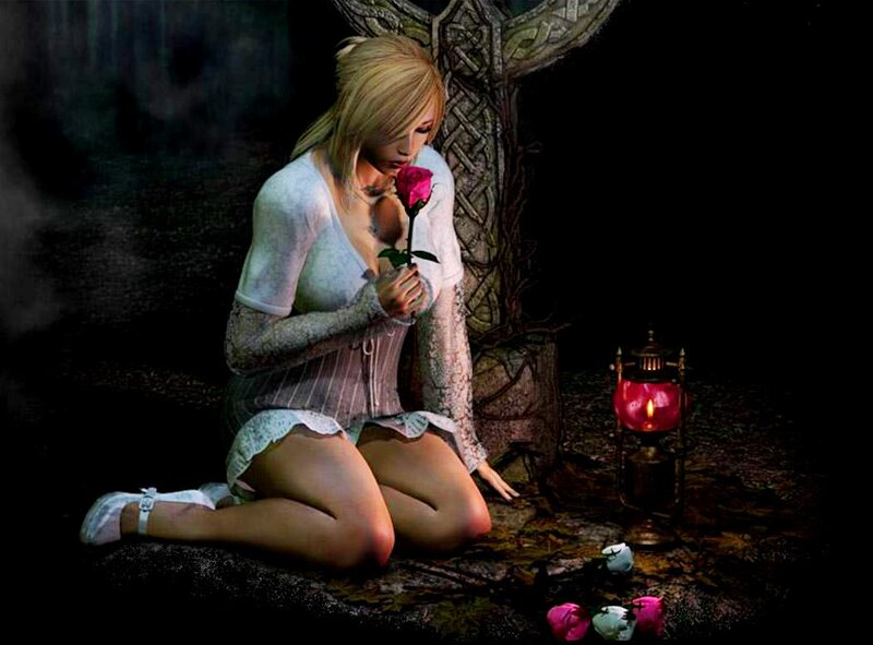 Woman Holding Rose — Black, Dramatic, Night, 3d Render