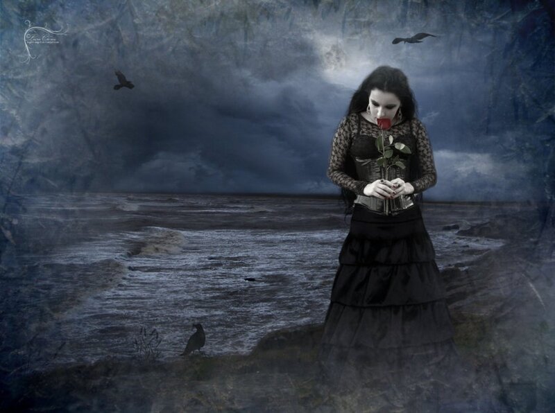 Woman Holding Rose — Black, Dramatic, Night, Digital Art, Crows