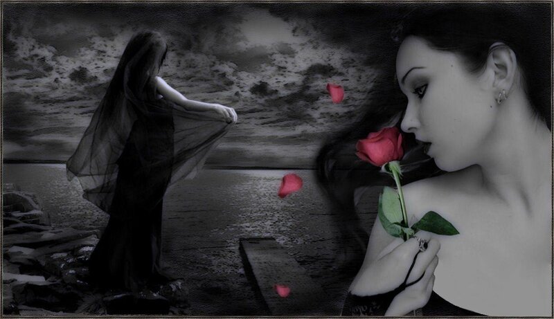 Woman Holding Rose — Black, Dramatic, Night