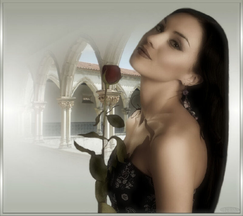 Woman Holding Rose — Black, Dramatic, Photograph, Arches