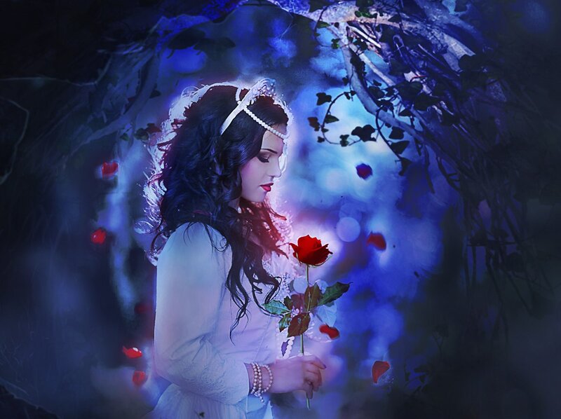 Woman Holding Rose — Blue, Dreamy