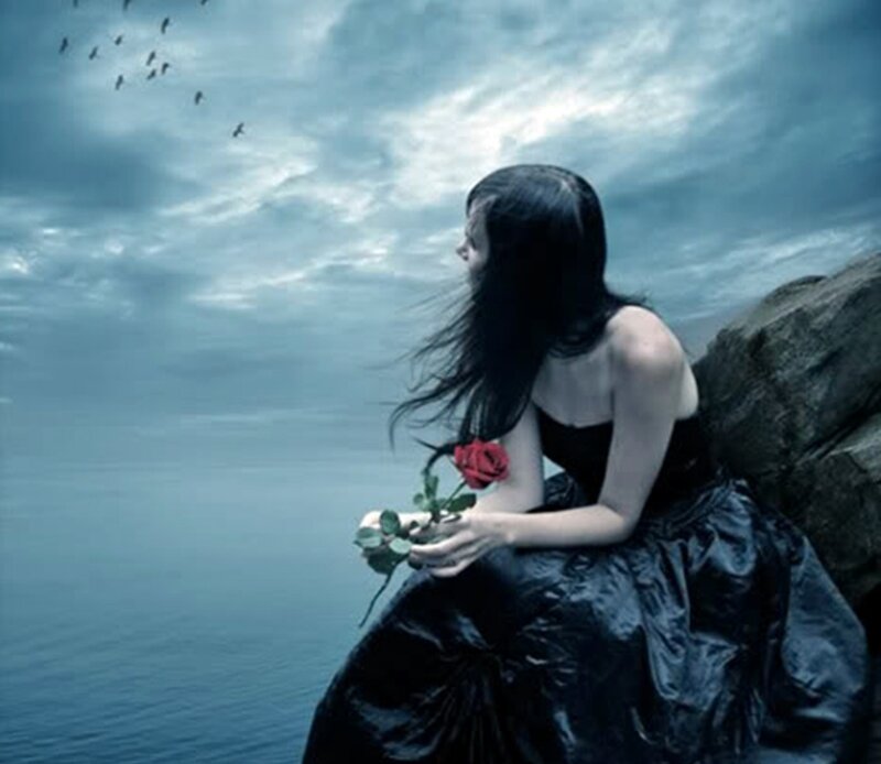 Woman Holding Rose — Blue, Melancholic