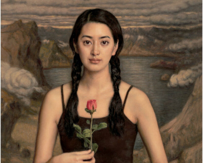 Woman Holding Rose — Brown, Dramatic, Painting, Braids