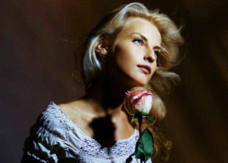 Woman Holding Rose — Brown, Dramatic