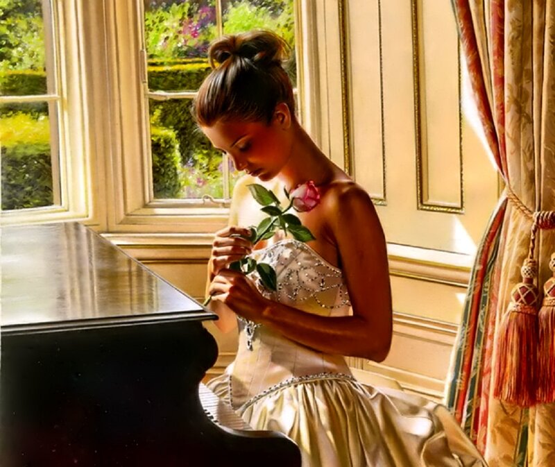 Woman Holding Rose — Gold, Serene