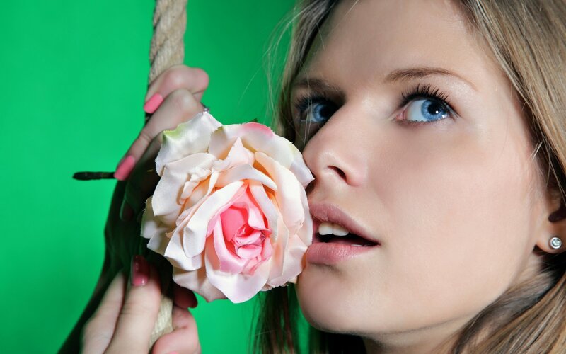 Woman Holding Rose — Green, Dramatic, Photograph