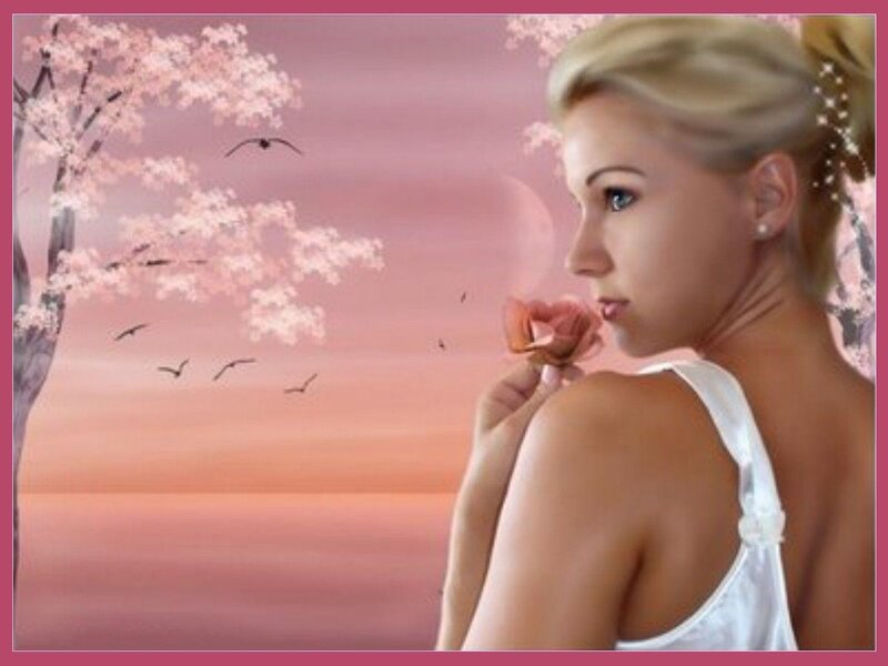 Woman Holding Rose — Pink, Serene, Sunset