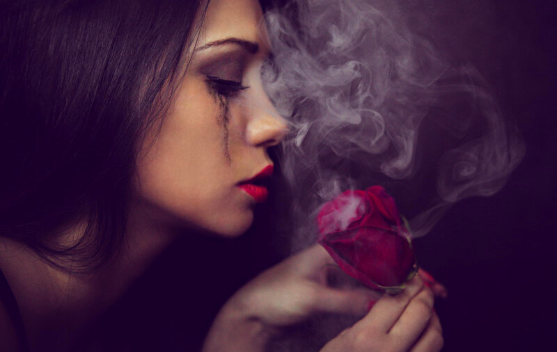 Woman Holding Rose — Purple, Dramatic, Night