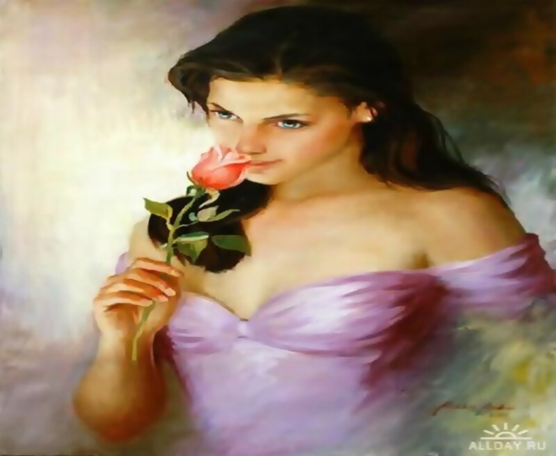 Woman Holding Rose — Purple, Serene, Painting