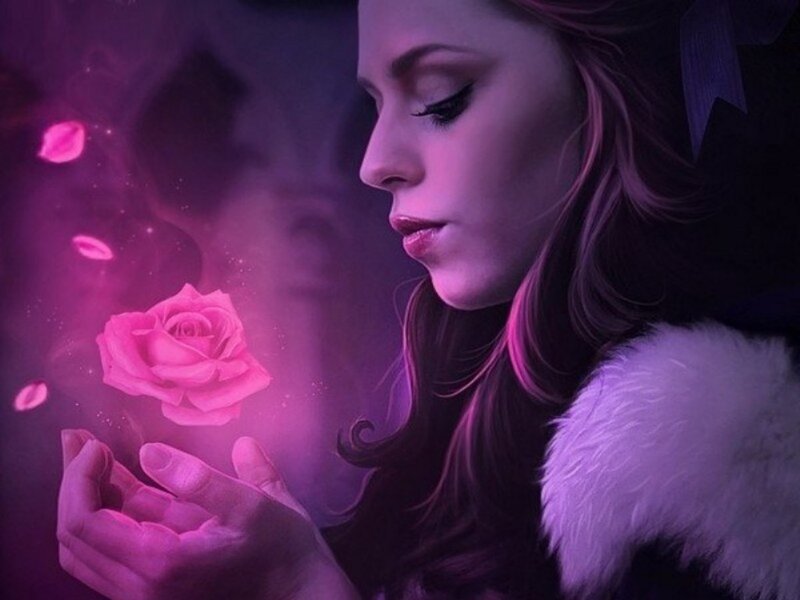 Woman Holding Rose — Purple, Serene