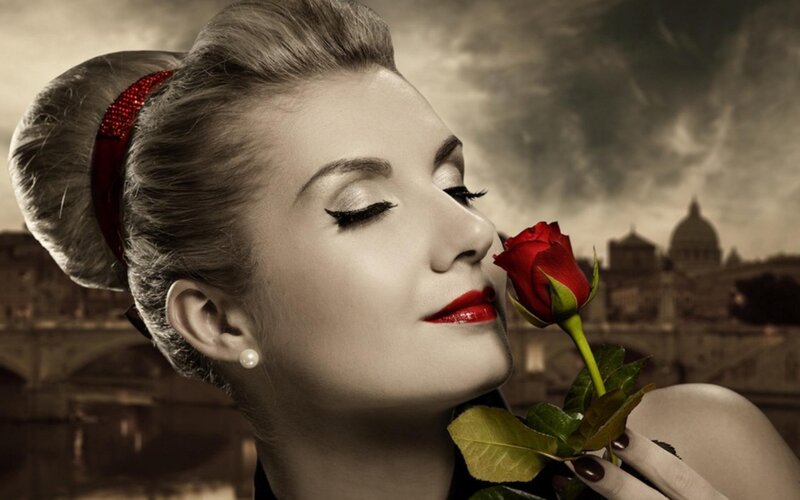 Woman Holding Rose — Red, Dramatic, Photograph, Cityscape, Pearl Earring