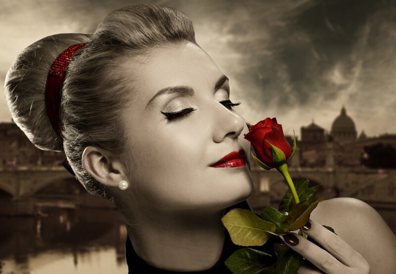 Woman Holding Rose — Red, Dramatic, Photograph, Cityscape