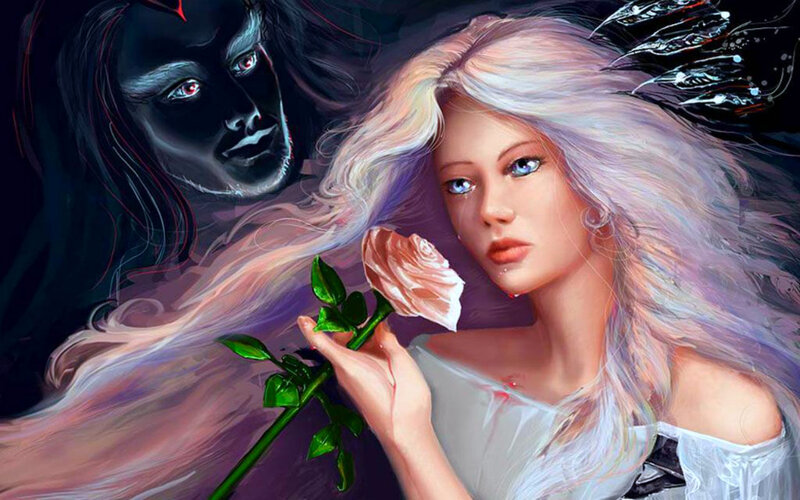 Woman Holding Rose — White, Dramatic, Digital Art, Demon