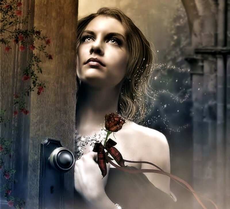 Woman Holding Rose — White, Dramatic, Digital Art, Door