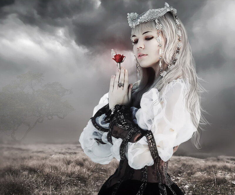 Woman Holding Rose — White, Dramatic, Digital Art