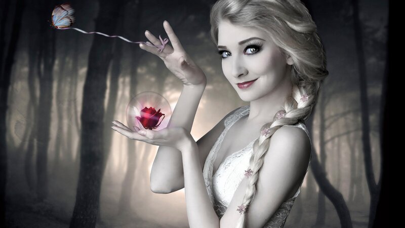 Woman Holding Rose — White, Dramatic, Night