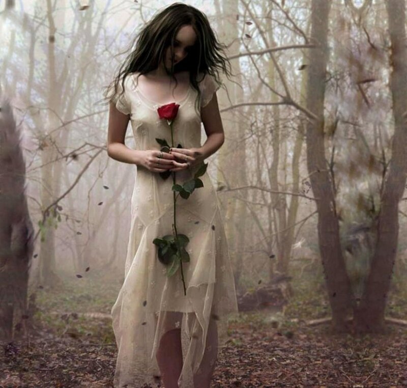 Woman Holding Rose — White, Melancholic