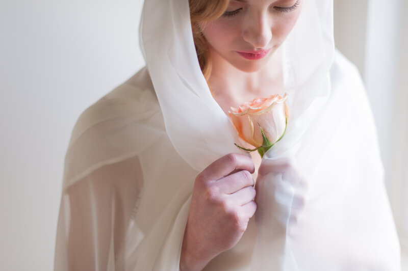Woman Holding Rose — White, Serene, Photograph, Veil