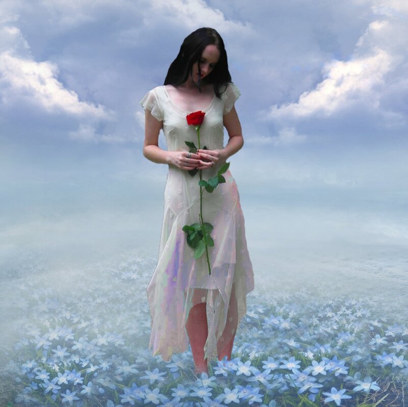Woman Holding Rose — White, Serene