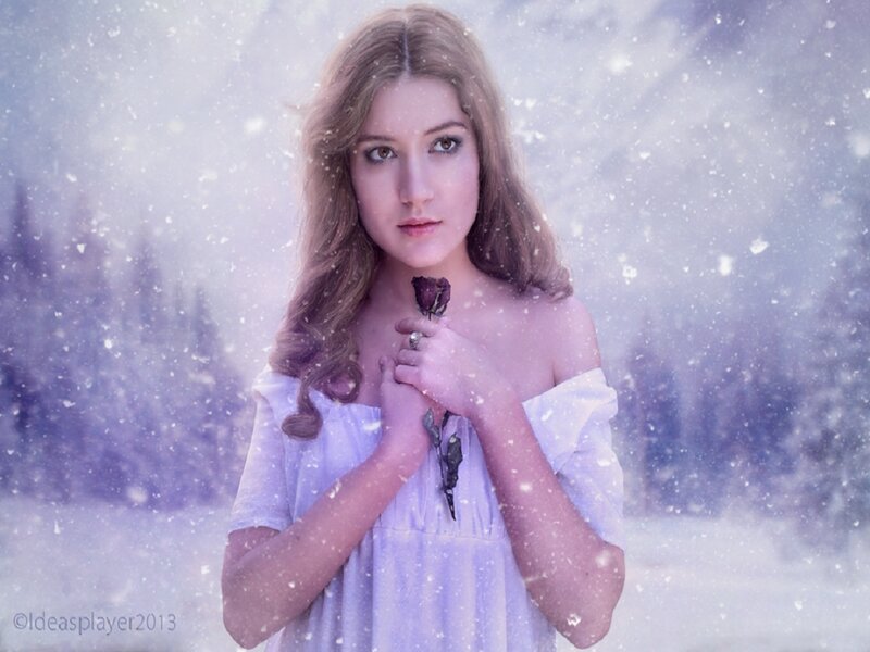 Woman Holding Rose — White, Serene, Winter