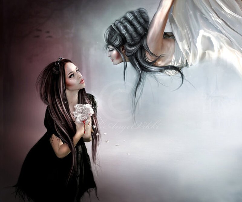 Woman Holding Roses — Black, Dramatic, Digital Art, Angel